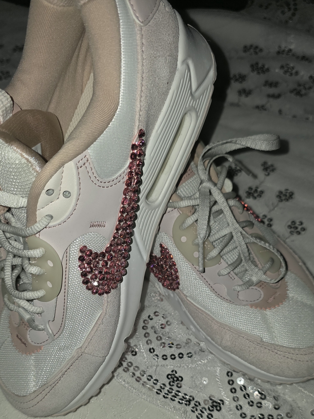 Bling Nike Women’s Light Pink and White Sneakers with Pink Crystal Swoosh